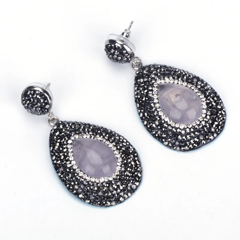 Vintage Light Violet Lavender Grey Water Drop Onyx Stone Pendant Charm Pave Black Rhinestone Big Dangle Earring For Women Brinco