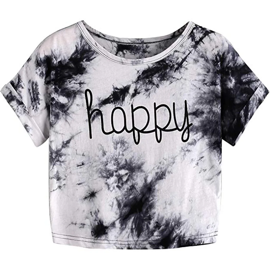 Бесплатная страуса Для женщин хлопковые рубашки Tie-dyed Письмо печати пупка Топ