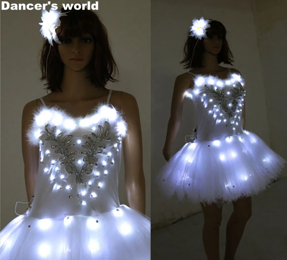 

2017 Belly Dance Dresses Light Up Luminous Clothes LED Costume White Adult Swan Lake LED Ballet Costume For Dancing Skirts