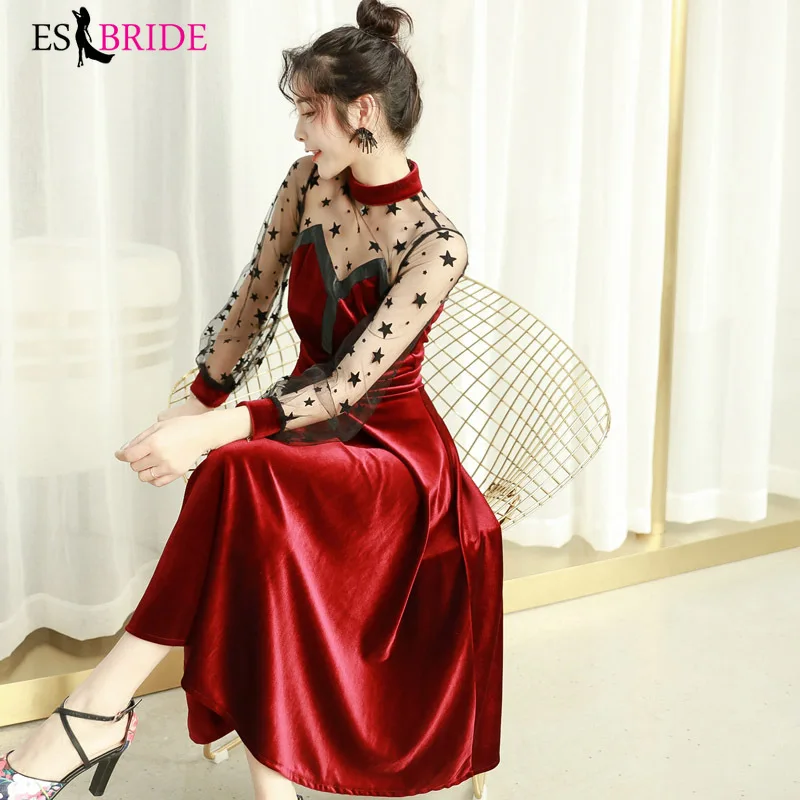 Small Demon Red Evening Dresses Sexy Tulle Long Sleeve Backless Evening Gown Black Star Evening Dress for Women Elegant ES1302