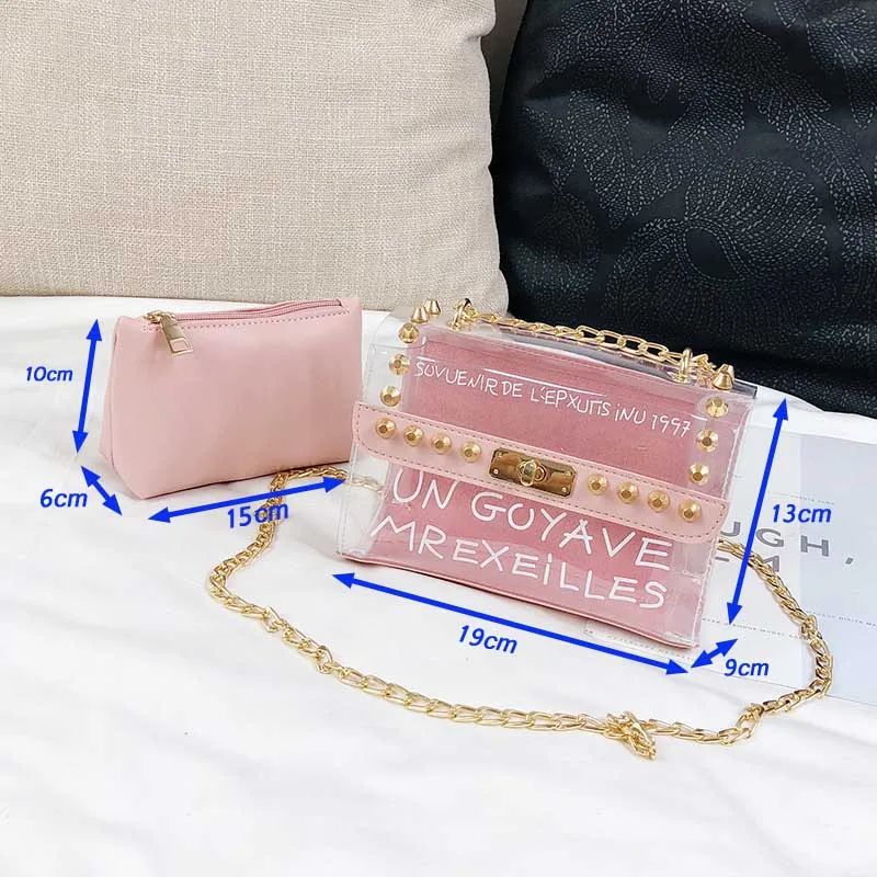 Womens Candy Color PVC Transparent Crossbody Bag 2pcs sets Rivets Letter Print Messenger Bags Fashion Girls Clear Chain Tote bag (1) - 