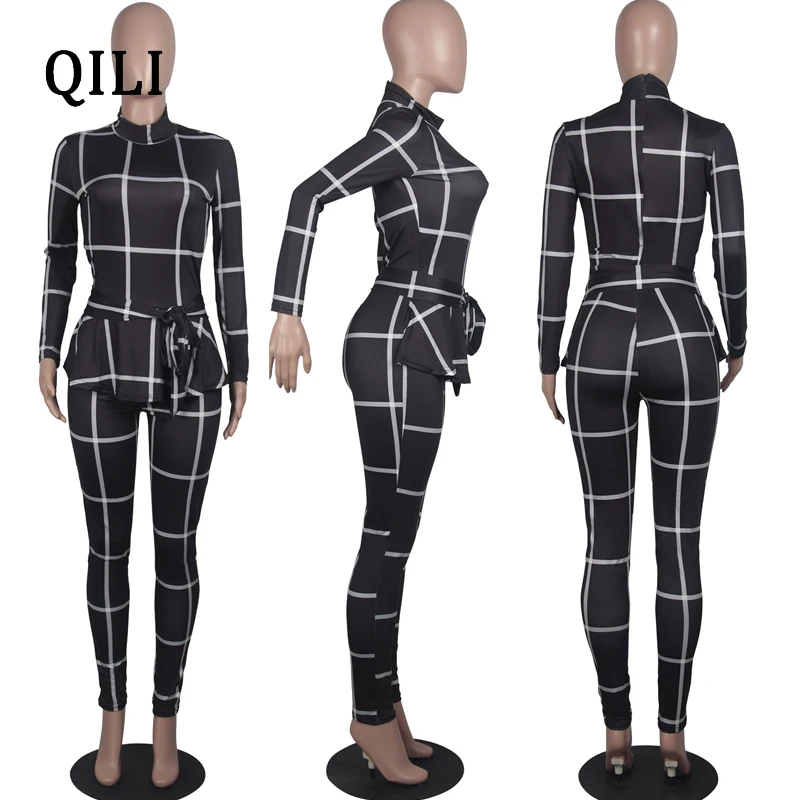 QILI, женские клетчатые комбинезоны в английском стиле, с воротником-стойкой, с длинным рукавом, обтягивающие длинные штаны, комбинезон, имитация 2 частей, Модный облегающий комбинезон