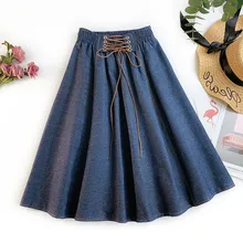 AcFirst Blue Women Skirts Women High Waist Knee-Length Long Skirts A-line Clothing Plus Size Lace Up Cotton Spring Skirts grey lace up design high waisted skirts