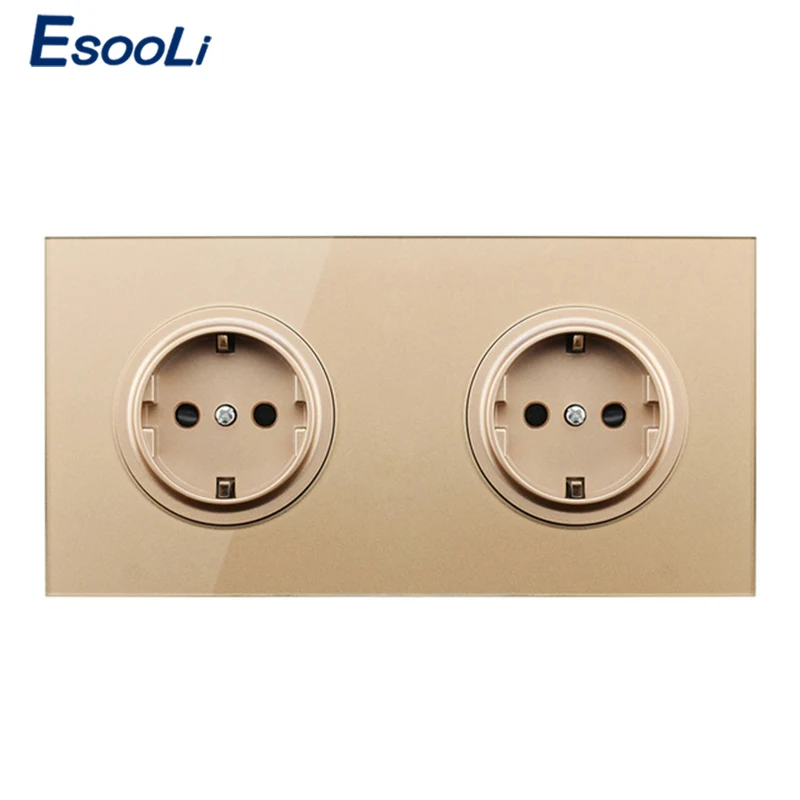 

Esooli Crystal Tempered Gold Glass Panel 16A Double EU Standard Wall Power Socket Outlet Grounded With Child Protective Lock