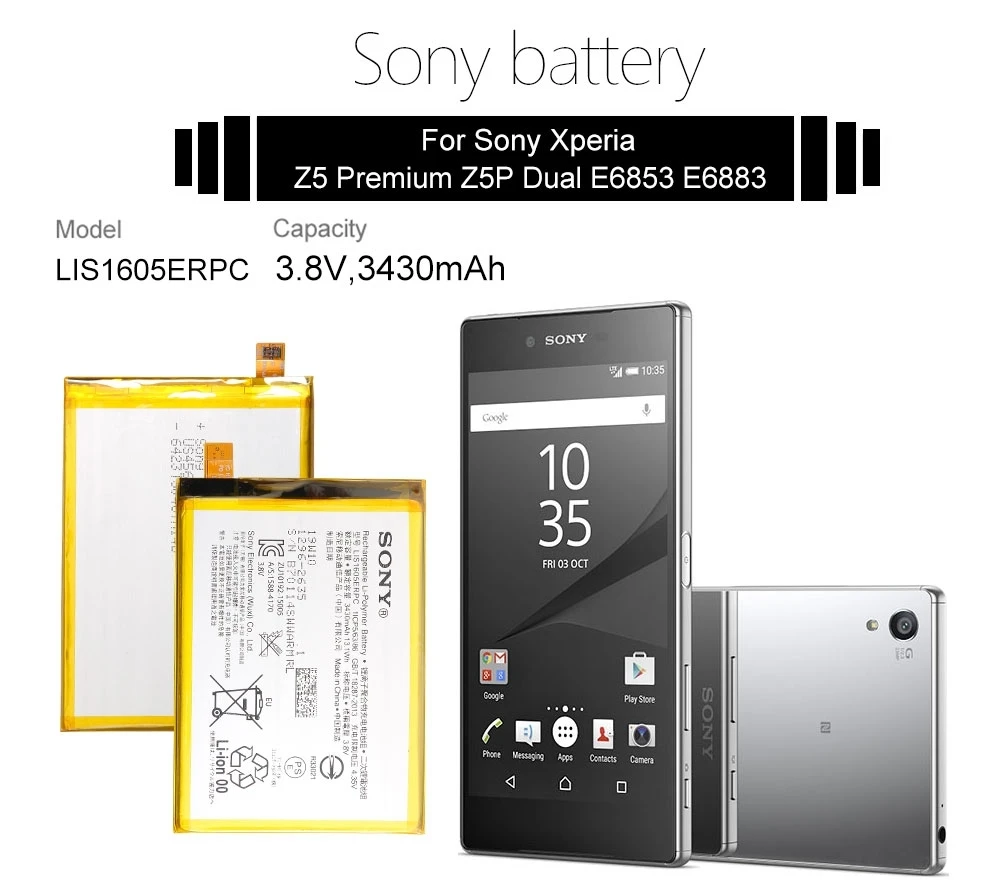 SONY Original LIS1605ERPC Phone Battery 3430mAh For SONY Xperia Z5 Premium Z5P Dual E6853 E6883 Replacement Batteria+ Tools