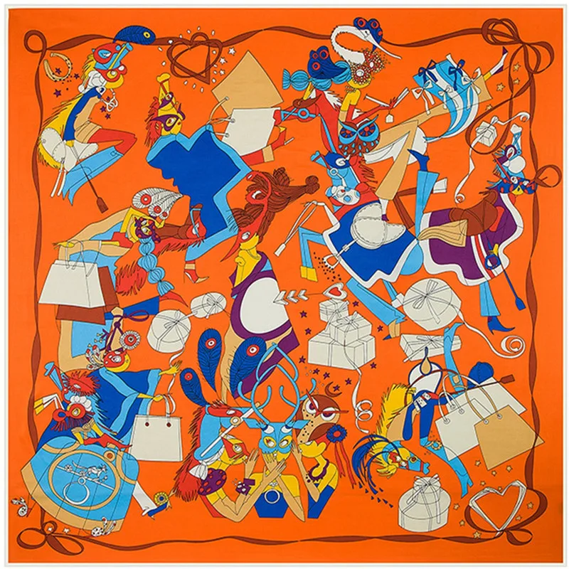 

130cm*130cm Luxury Brand Ethnic Style Print Silk Scarf For Women Headband High Quality Large Square Scarves Female Twill Shawls