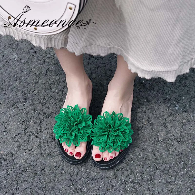 

Women Slipers Summer Big Flower Sweet Cute Flat Heel Slides Flock Platform Sandals Open Toe Woman Casual Sexy Shoes Green Black