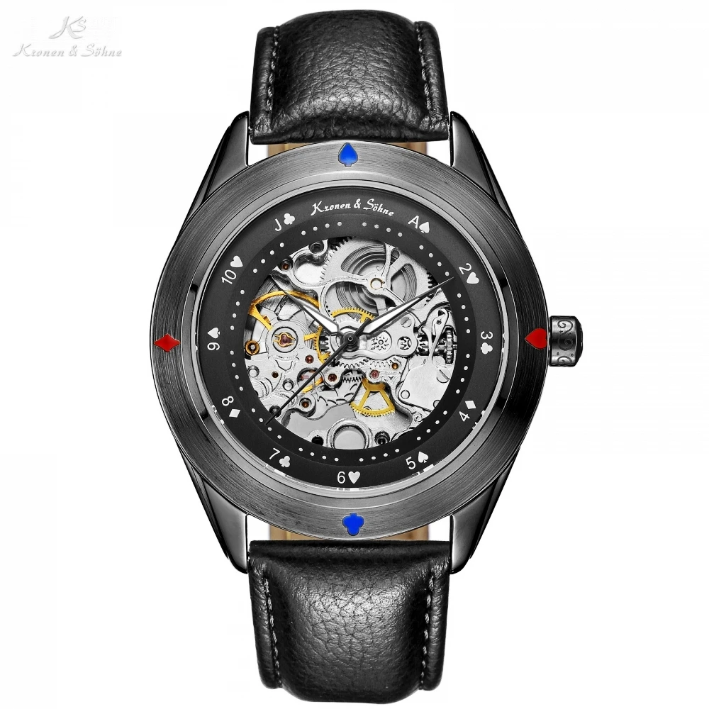 Kronen Sohne Automatic Self Winding Poker Card Full Black Steampunk Transparent Movement Male Leather Mechanical Watch/