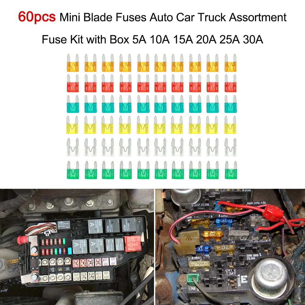60 шт. мини плавкие предохранители Авто Грузовик Ассортимент Комплект предохранителей с коробкой 5A 10A 15A 20A 25A 30A для bmw ford VW Mazda jetta Toyota