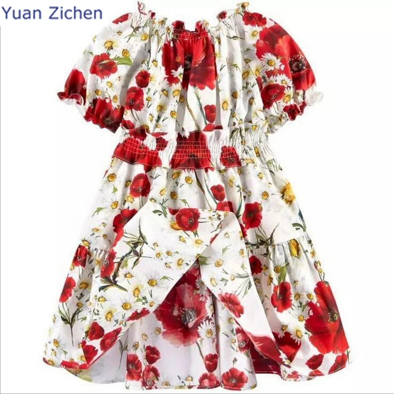 Baby Girls Dress Clothing Printed Flowers Short Sleeve Kid Clothing New Cotton A-Line Children