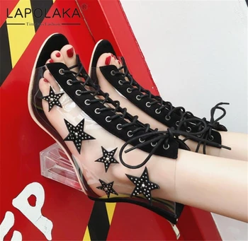 

Lapolaka New Womem Ladies High Heels Summer Boots Peep Toe Crystal Transparent Shoes Woman Casual Party Hollow Shoes Female