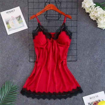 

Herislim Silk Satin Nightgown Women Sexy Lace Trim V-Neck Nightdress Spaghetti Straps Sleepshirts Summer Home Dress Sleepwear