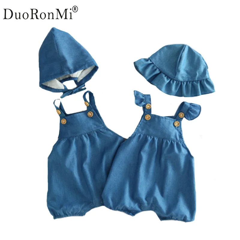 

DuoRonMi Summer 2017 Newborn Infant Baby Girls Boys Denim Romper With Hat 2pcs Jumpsuit Clothes Jumpsuit Outfit Brother Sisters