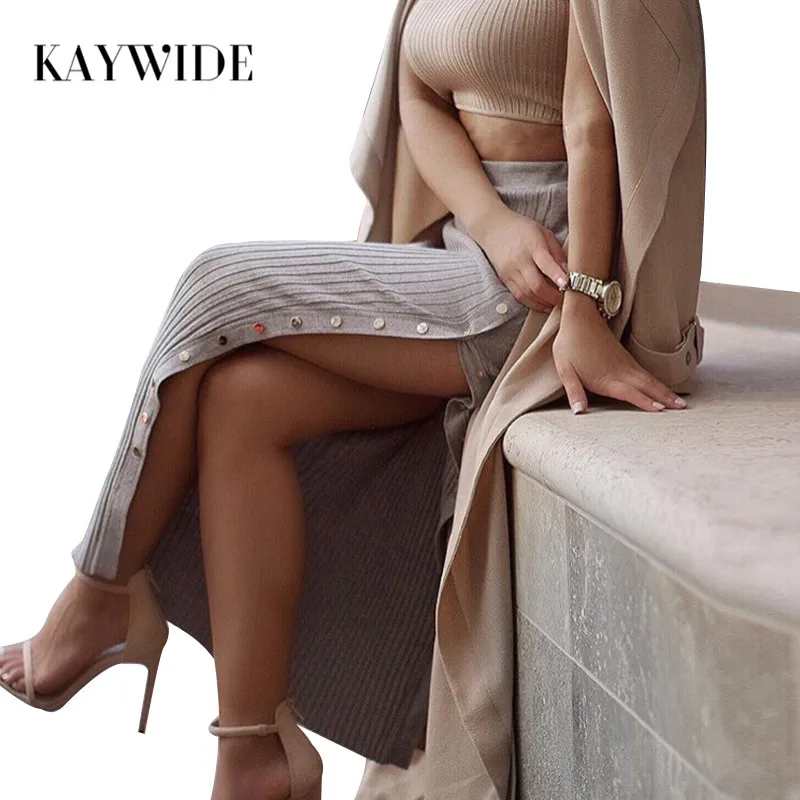 

DICLOUD High Waist Women Spring Knitted Skirt Fashion Sexy High Split Summer Slim Fit Maxi Long Skirts For Women Streetwear