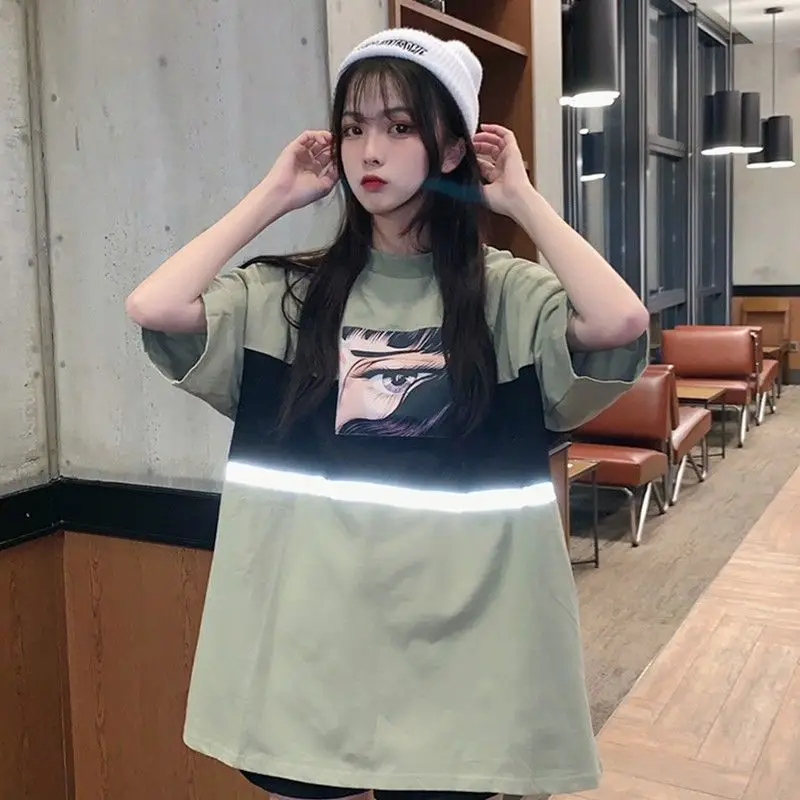 المرأة تي شيرت الصيف يا الرقبة المعتاد Harajuku إلكتروني الإنطلاق قصيرة الأكمام الليزر عاكسة أعلى قاع الأزياء المحملة قميص الفتيات