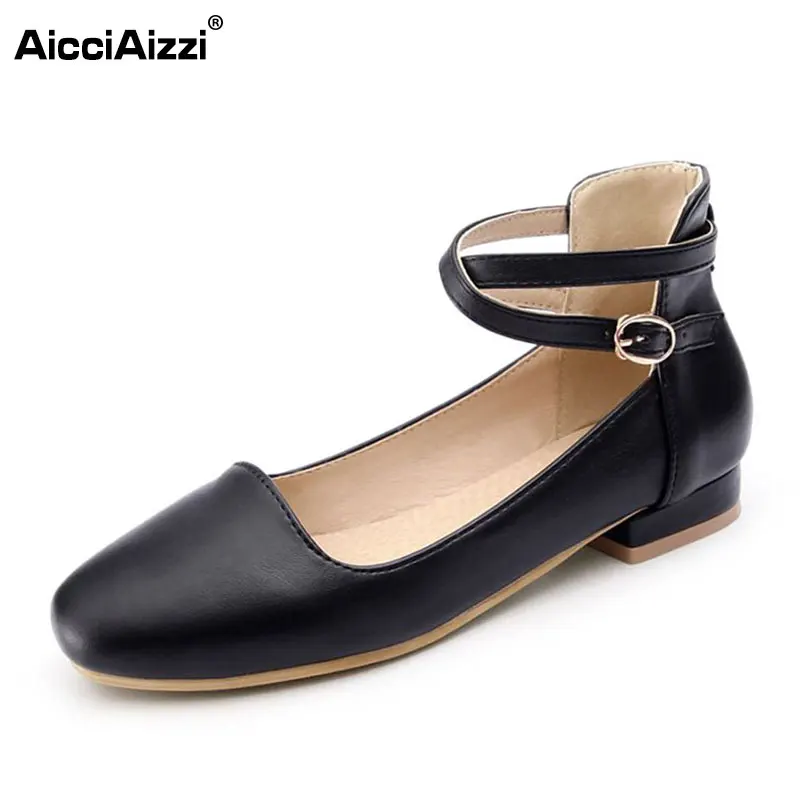 

AicciAizzi Size 28-43 Ladies Ankle Strap Spring Pumps Women Round Toe Shallow Ballet Low Heel Shoes Women Sweety Dating Footwear