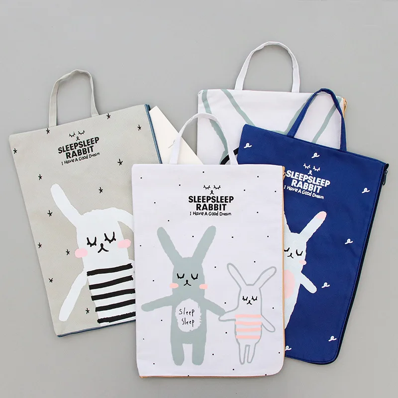 

A4 Canvas File Bag Cartoon Rabbit Oxford Zipper Bag Briefcase Document Bag dossier de arquivo Office School