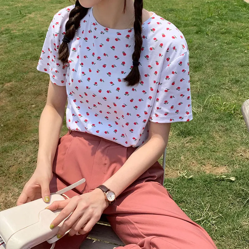 

2019 New Korean Floral Printing Short Sleeve T-shirt Women Summer Small Fresh Casual Tee Shirt Woman Tops