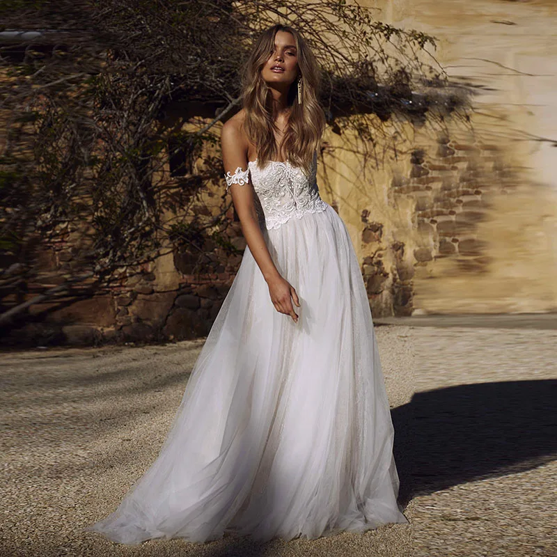 

LORIE Princess Wedding Dress Sweetheart Appliqued Lace Bride Dress Off The Shoulder A-Line Backless Boho Wedding Gown