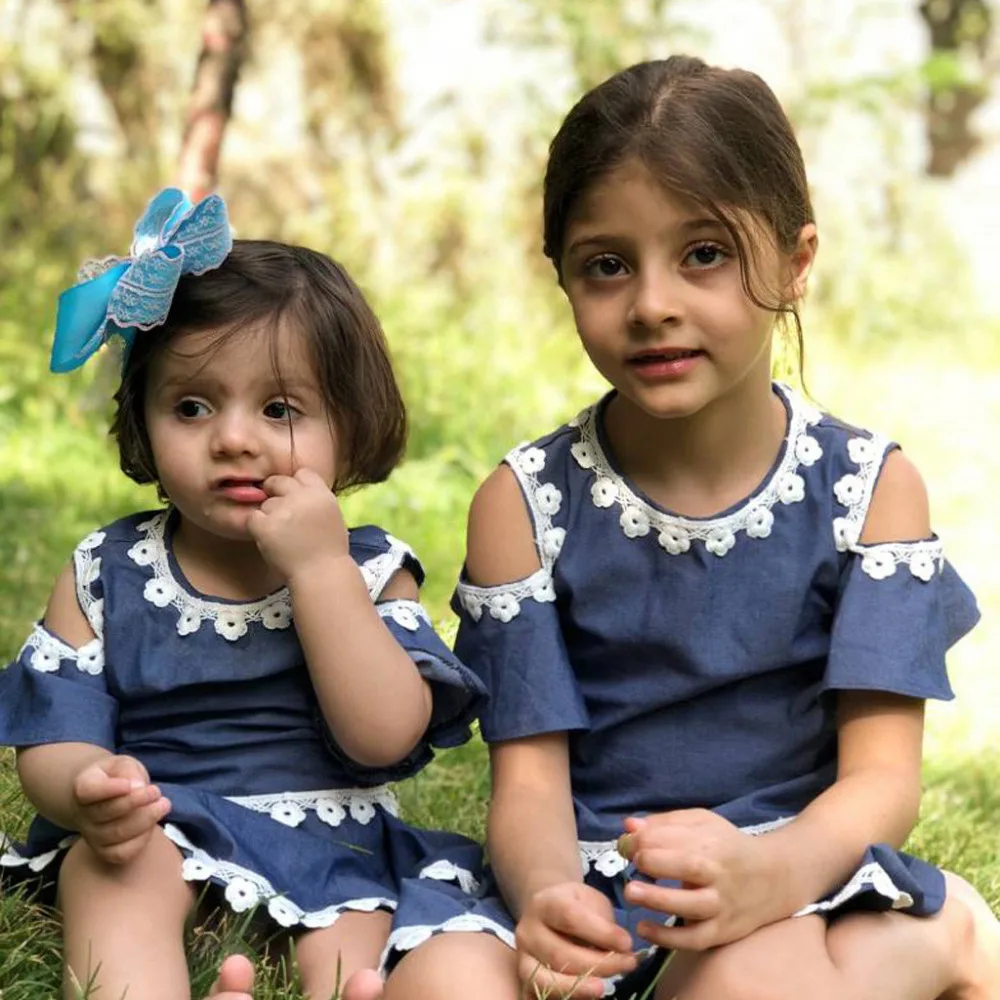 

2019 Toddler Kid Baby Dress Girl Short Sleeve Off-The-Shoulder Delicate Denim Princess Dress Clothes
