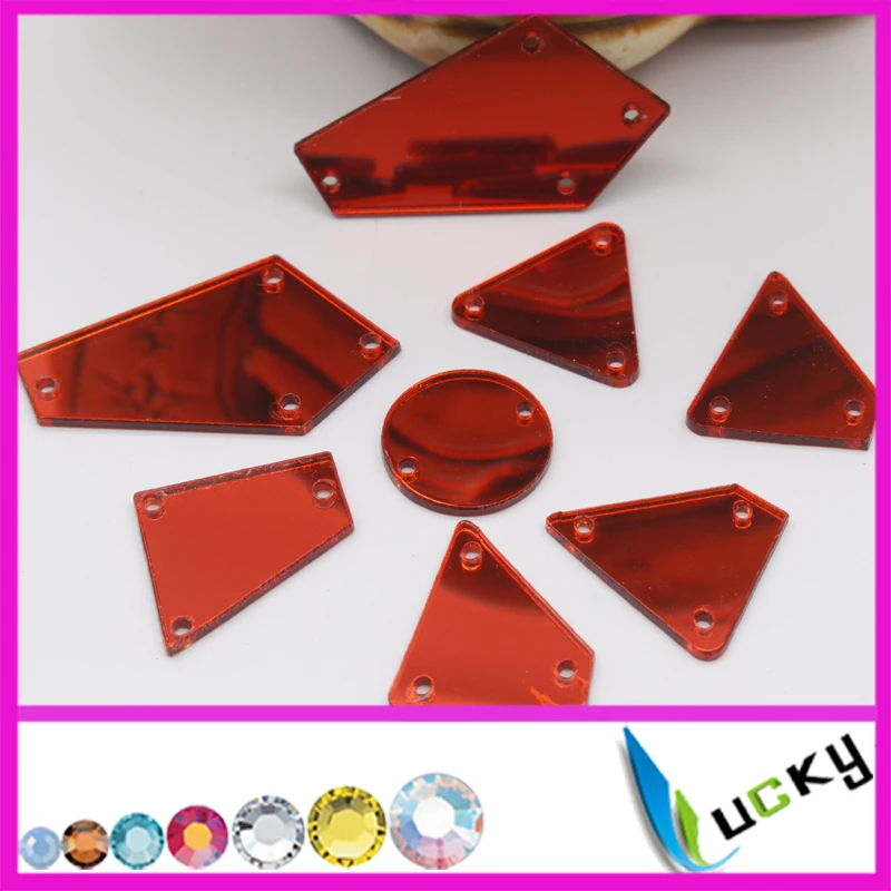 

50pcs Top quality Red color mix shaped sew on acryl rhinestones with holes flat back mirror acrylic beads for decortaions