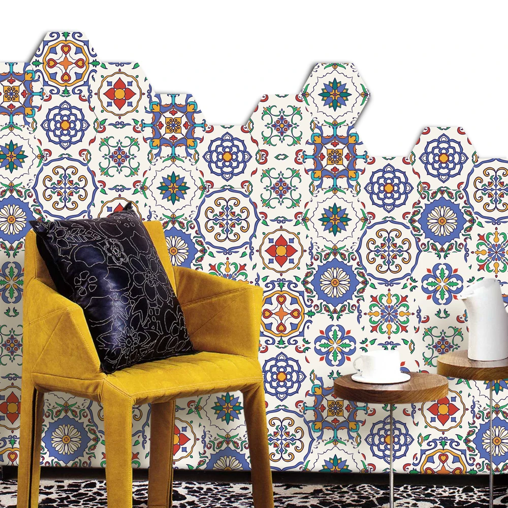 

10pcs/set Tile Pattern Hexagon Wall Stickers Floor Sticker Waterproof Self-Adhesive Anti-Slip Art Decal Room Home Decor 20x23cm
