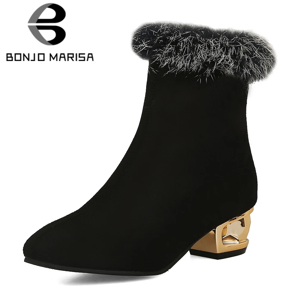 

BONJOMARISA 2019 Winter Plus Size 33-48 Elegant Black Flock Ankle Boots Med Wide Heels Warm Fur Boots Faux Fur Shoes Woman