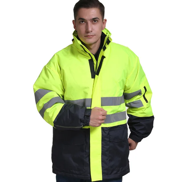 Men winter warm cotton jacket workwear hooded reflective thicken padded