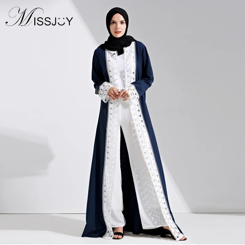 MISSJOY Исламская одежда абаи мусульманский Дубай Платье макси с кардиганом для женщин длинным рукавом белый кружево лоскутное кружево Мода