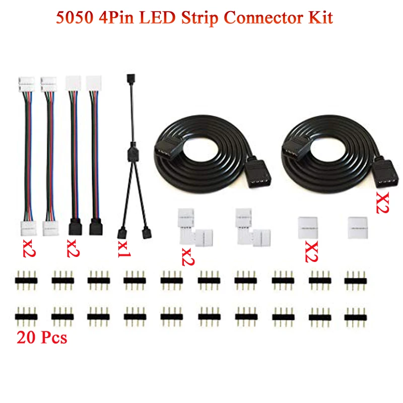 6.6ft RGB Extension Cable L Shape Connectors Gapless Connectors Strip to RGB Controller Jumper LED Strip to Strip Jumper 5050 4Pin LED Strip Connector Kit with 2 Way RGB Splitter Cable 
