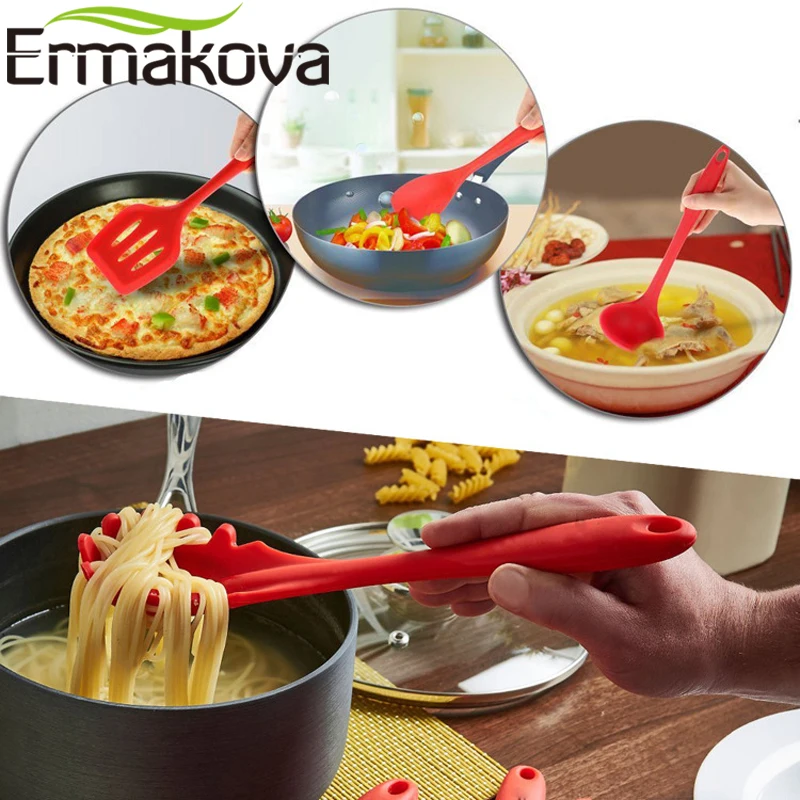 ERMAKOVA Silicone Pasta Fork Turner Spatula Ladle Cooking Spoon Stainless Steel Handle Kitchen Cooking Utensil Set ERMAKOVA Silicone Pasta Fork Turner Spatula Ladle Cooking Spoon Stainless Steel Handle Kitchen Cooking Utensil Set