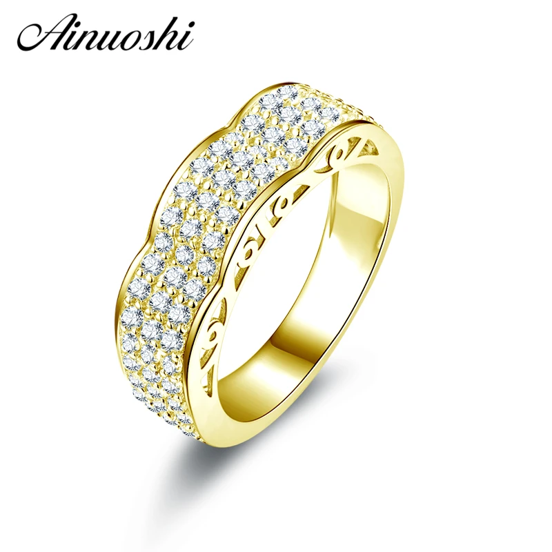 AINUOSHI 10 К твердого желтого золота большая волна обручальное кольцо 3 ряда дрель кластера кольцо Bague Anillos Обручение украшения для женский