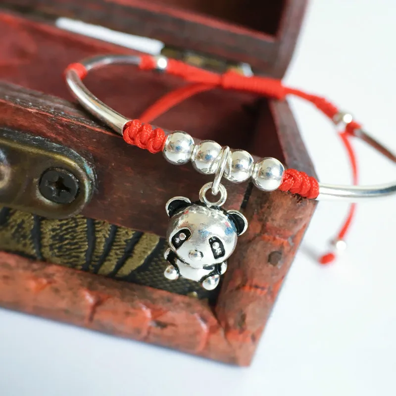 

925 Sterling Silver Panda Bracelet Lucky Red Rope Handmade Wax String Amulet Gift For Woman Charm Bangle Jewelry