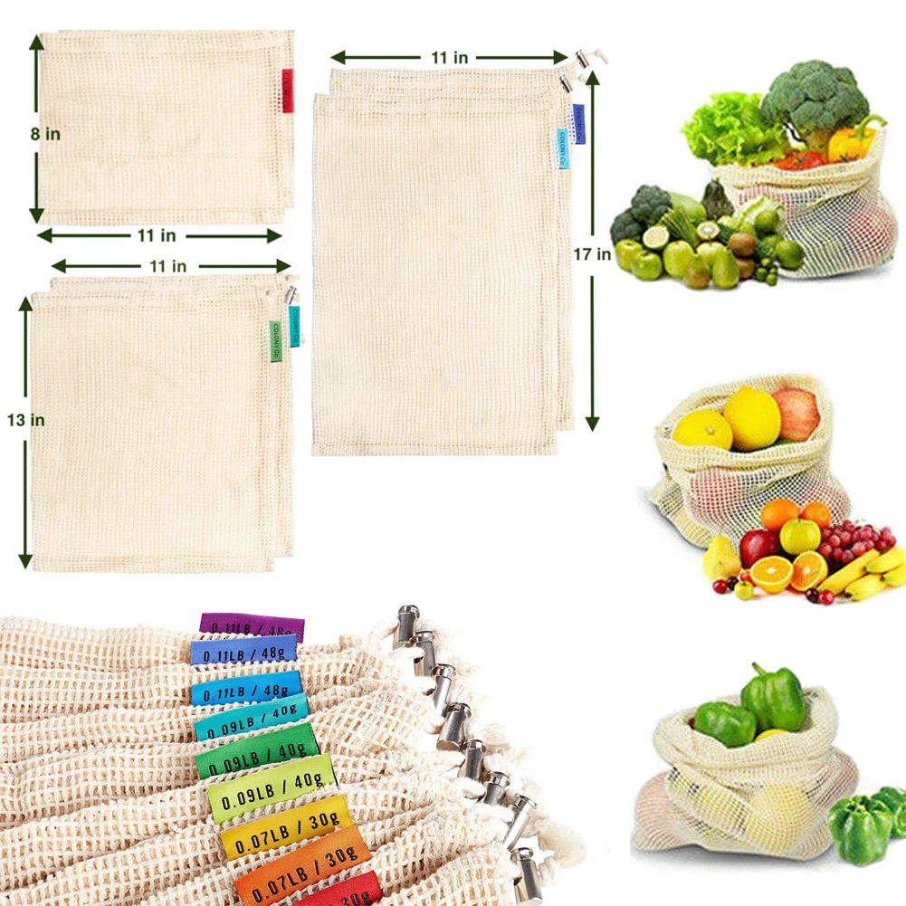 6 шт., сумки для овощей и фруктов, экологически чистые хлопковые сетчатые мешки для производства, сумки для хранения фруктов, хозяйственные сумки для кухни и дома