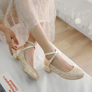 

Japanese party style comfortable round toe pumps fashion sequins belt buckle gold silver low with thick women's shoes big size