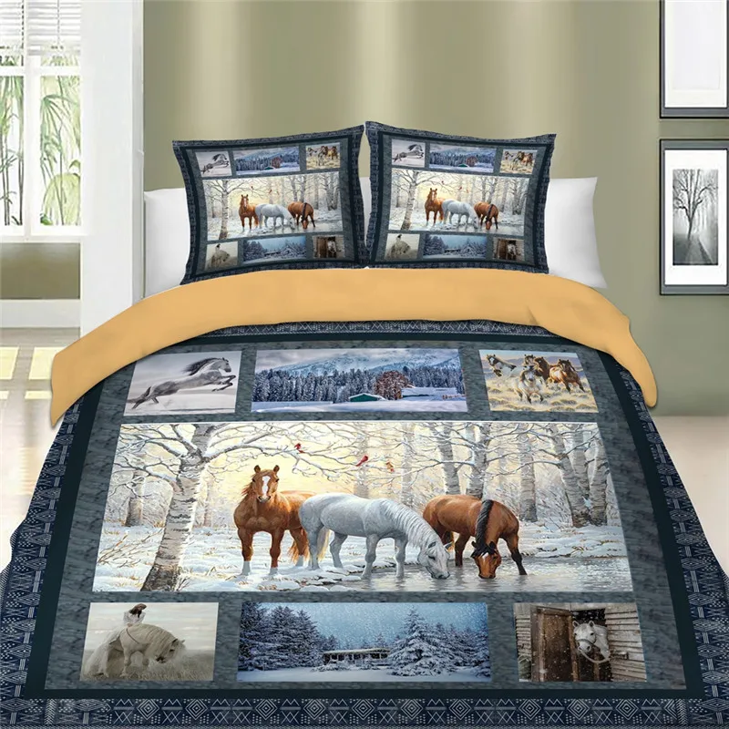 Retro Style Horse Printed Bed Linens Set Twin Full Queen Single Sizes