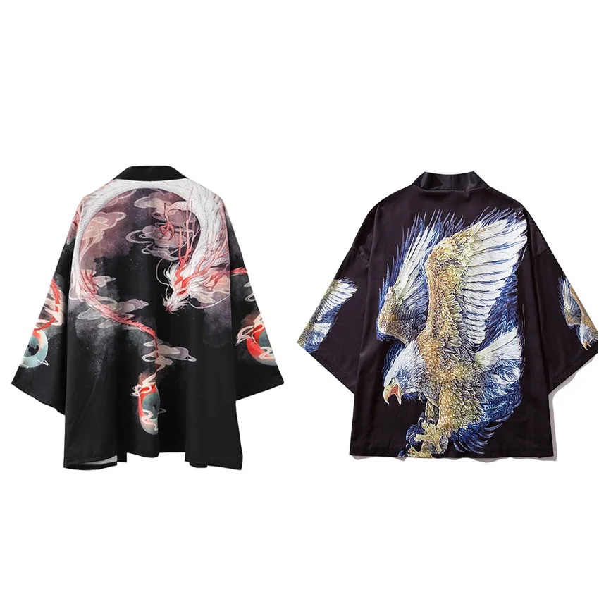 Ретро Sinicism японский стиль мужской кардиган пальто Harajuku свободный стиль хип хоп кимоно хаори тотемный Дракон принт уличная одежда верхняя одежда