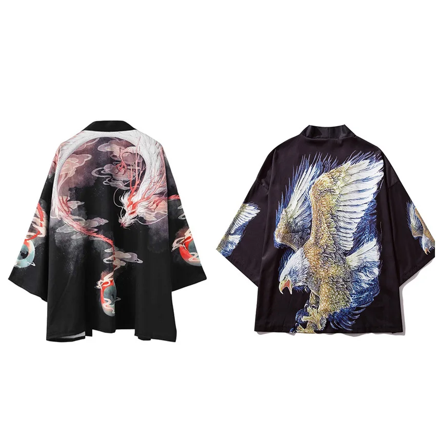 

Retro Sinicism Japanese Style Man Cardigan Coat Harajuku Loose Style Hip Hop Kimono Haori Totem Dragon Print Streetwear Outwear