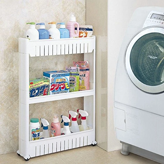 

Pratical White 3 Tier Slide Out Hollow Storage Tower in Bathroom With Wheels Home Kitchen Shelf Useful Organizer Save Space