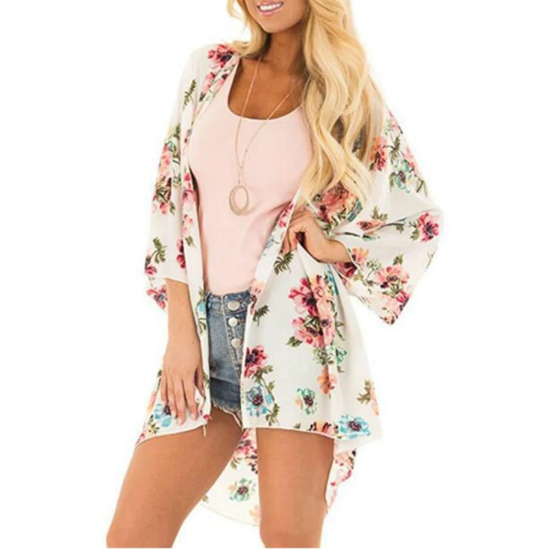 

Women Floral Print Kimono Sun Protection Blouse Tops Summer Casual Sheer Chiffon Loose Long Kimono Cardigan Cape