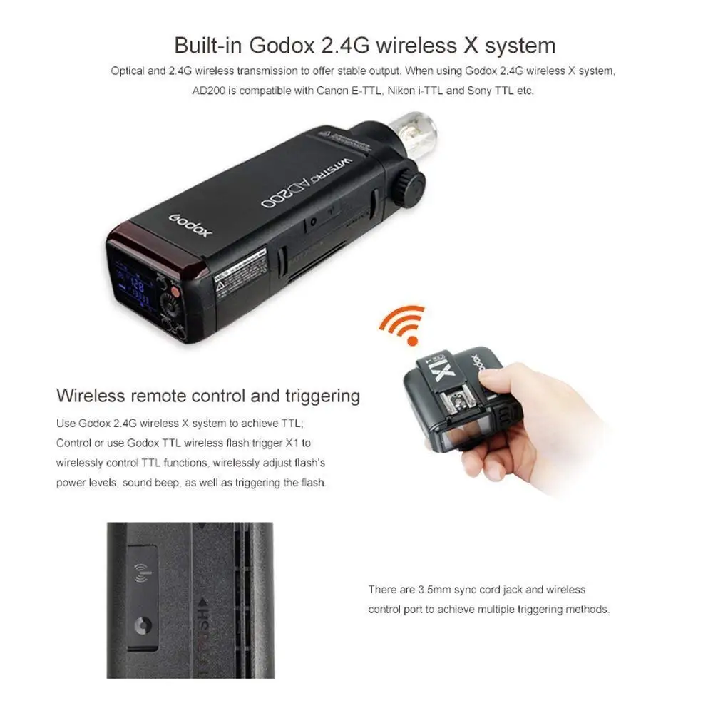 GODOX AD200 ttl 2,4G Вспышка для фотокамер Speedlite HSS 1/8000 сек карманная Вспышка speedite светильник с двумя головками 200Ws с X1T передатчик литий Батарея флэш-CD50Y