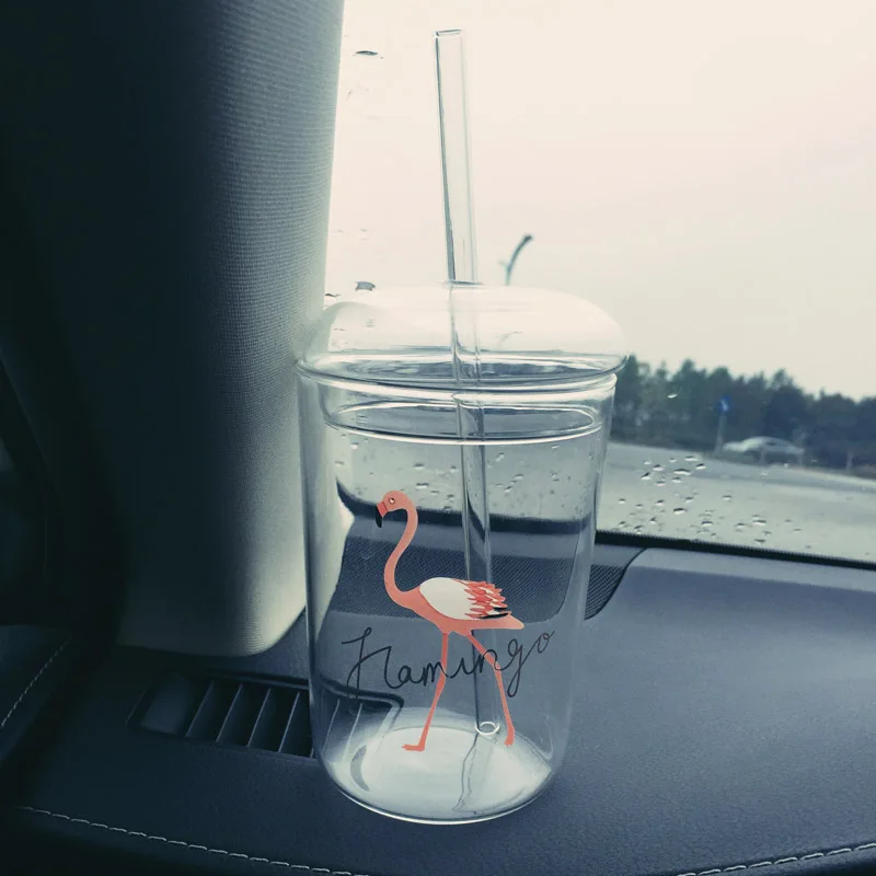 

Heat Resistance Flamingo DIY Borosilicate Glass Bottle with Straw Glass Cups Printing Cup with Lid Home Drinkware Safe Package