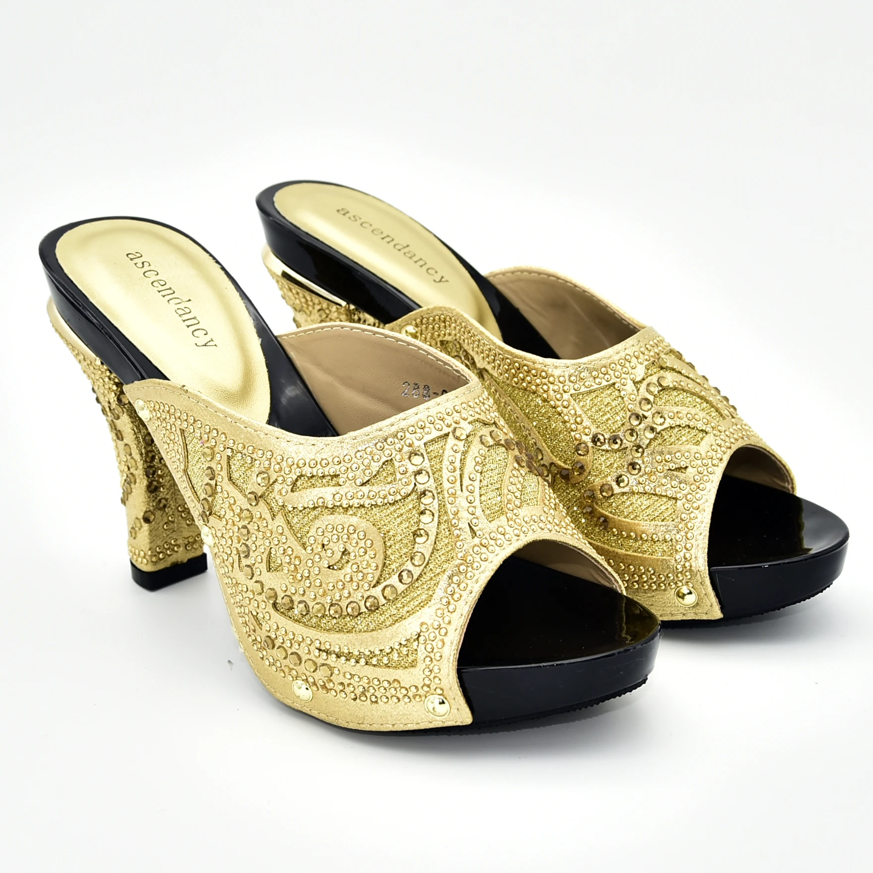 

Rhinestones gold slippers shoes women for big party 4.3 inches heel lady high heel shoes with size 38 to 42 gold shoes SS018-3