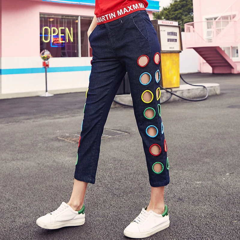 

2019 Spring Summer Plus size Jeans woman clothing New hole Fashion Embroidery hollow Nine pants straight Dark Ladies jeans