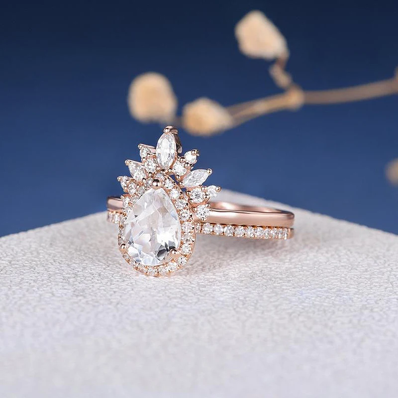 Грушевидное обручальное кольцо Set18K розовое золото набор 1.5ct Moissanite кластер обручальное кольцо для женщин юбилей 2 шт