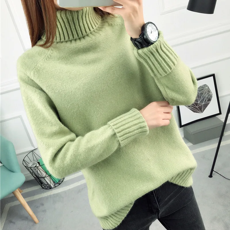 

Knitted Sweater Female Autumn Winter Solid Color Loose Harajuku Long-sleeved High Collar Bottoming Pullover Sweater Women Tops