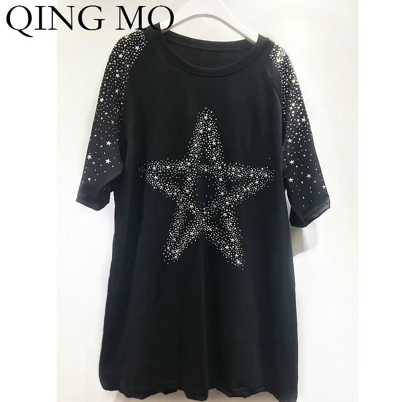 QING MO женская футболка со звездным принтом, стразы, женская футболка с круглым вырезом и рукавом средней длины, Женская Повседневная Свободная футболка с бриллиантами ZQY597