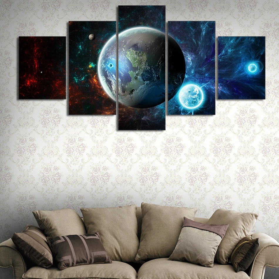 5 Panels Canvas Prints Painting Wall Art HD Outer space Galaxy Earth