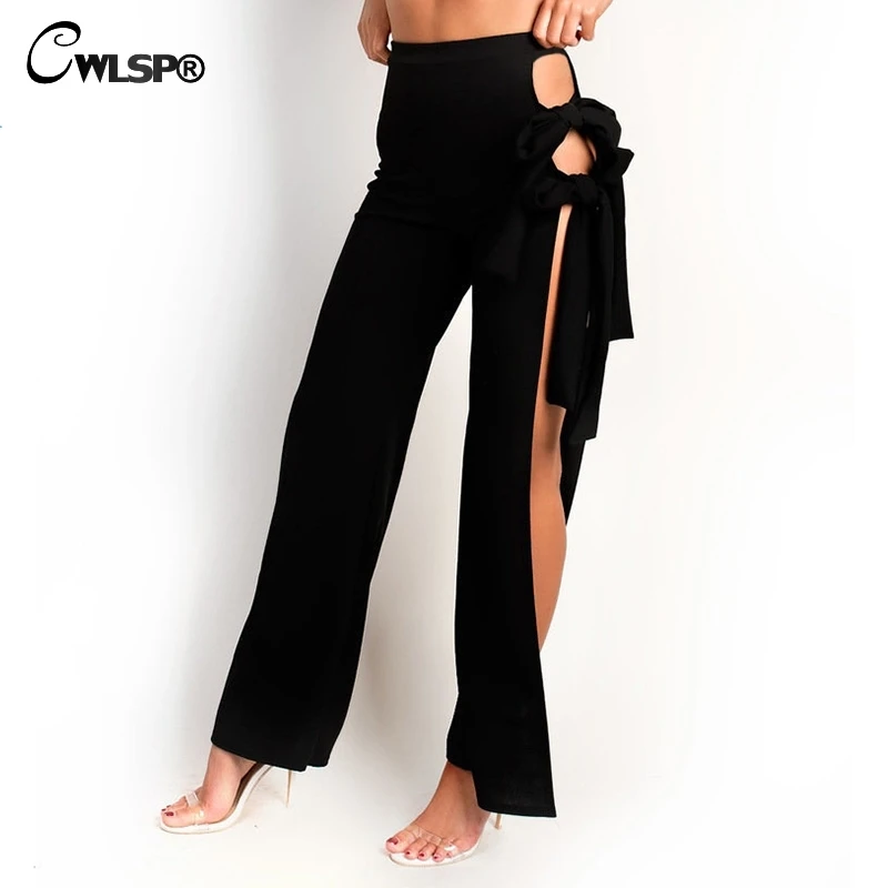 

CWLSP 2018 Solid Casual For Women Sexy Straight Hollow Out Full Length Female Pants Summer Loose Side Split Tie Up Side QZ2907