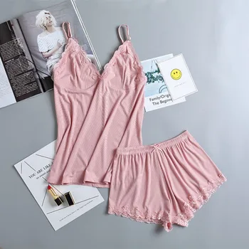 

Women Lace V-Neck Pyjamas Sleeveless Cami Top and Shorts Woman Pajamas Set Summer Women's Sleepwear